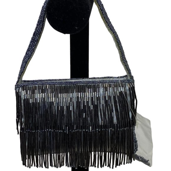 Women's Dressy Silver Grey Evening Bag with Beads - Picture 5 of 12